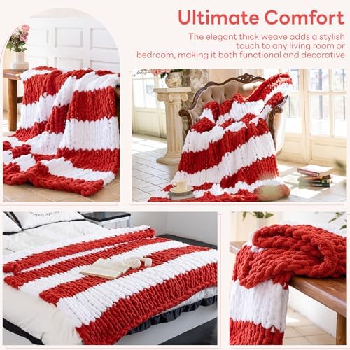 Chunky Knit Throw Blanket for Couch，50x60 Inches White red - Image 4