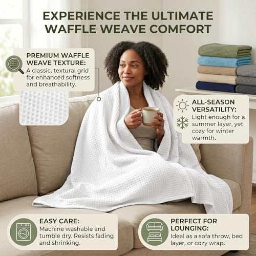 Tex Trend 100% Cotton Waffle Weave Blanket Queen Size - Soft, Breathable Cooling Blanket for Bed, Lightweight Cozy Summer & Spring Bedding, White, 90x90 - Image 6