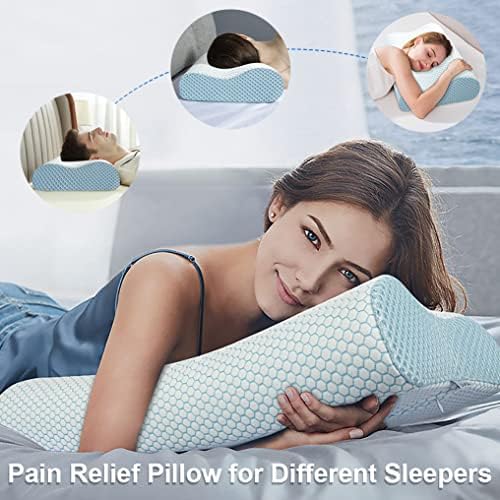 Anvo Memory Foam Pillow, Neck Contour Cervical Orthopedic Bed Pillow for Sleeping Side Back Stomach Sleeper, Ergonomic Design for Neck and Shoulder Pain Relief, Blue White, Soft - Image 5