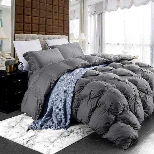 Luxurious Heavyweight Goose Down Feather Fiber Comforter Duvet Insert, Exquisite Gray Pinch Pleat Design, Super King 120 x 120, Premium Baffle Box 100% Egyptian Cotton, 85 oz Fill Weight by EgyptianBedding
