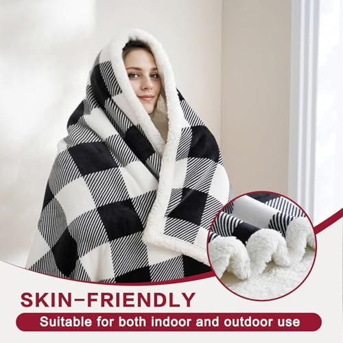 PU MEI Sherpa Fleece Throw Blanket 80" x 90" Reversible Plush Fluffy Large Big Blanket Lattice Flannel Blankets for All Season Use, Black and White - Image 3
