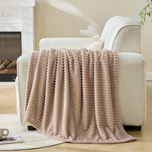 Bnuitland Fleece Throw Blanket, 300GSM Soft Warm Cozy Fluffy Throw for Babys & Pets, Stripe Pattern, All Season Sofa Bed Blanket for Home Decor, Light Camel 50"x60" - Image 2