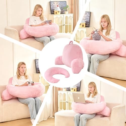 19" Reading Pillow for Bed,U Shaped Arm & Elbow Support,Pink Faux Fur - Image 5
