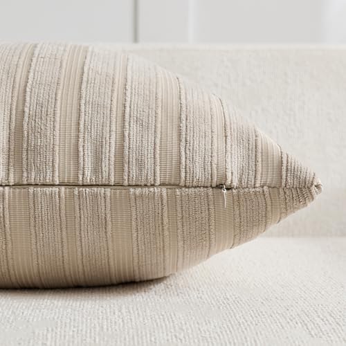 DEZENE 26x26 Taupe Throw Pillow Covers Pack of 2 Soft Striped Corduroy Square Neutral Pillow Cases for Couch Sofa Bedroom Living Room Home Decor - Image 3