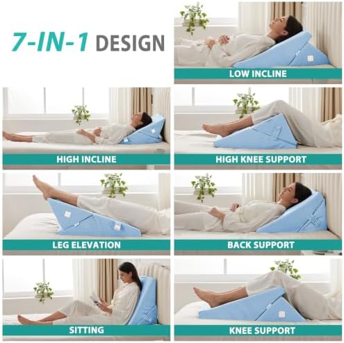 Bedluxe Wedge Pillow for Sleeping, Adjustable 9&12 Inch Foldable Bed Wedge Pillow Set, Orthopedic Memory Foam Triangle Pillows Wedge, 7-in-1 Elevated Pillows for Leg and Back Support, Light Blue - Image 2