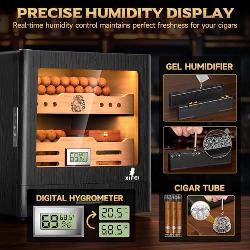 XIFEI Cigar Humidor Cabinet, Glass Top Humidors with Adjustable LED Lighting, Acrylic & Glass Tube, Digital Hygrometer, 2 Humidifiers, Cedar Wood Humidor with Accessory Drawer for Gifts - Image 4