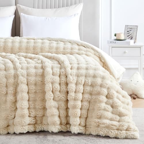 60x80 Inches Ultra-Soft Fuzzy Faux Fur Plush Twin Size Blanket - Thick, Warm Sherpa for Couch, Sofa, Bedroom, Camping - Decorative Blanket for Cozy Warmth, Bubble Khaki - Image 6