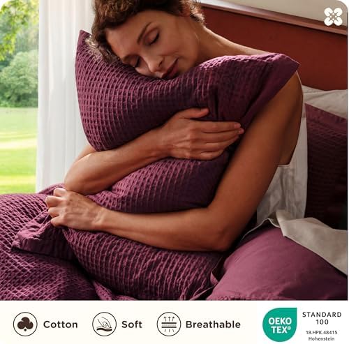 Bedsure PureWoven 3 Pieces Cotton Waffle Duvet Cover Set, Queen, Burgundy - Image 3