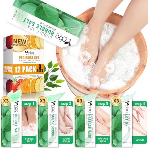 Pedicure Kit Foot Soak Set: Bubble Salt, Sugar Scrub, Massage Mask, Massage Lotion in a Box, 4 Step Foot Spa Kit for Dry Feet,Tired Feet（3 Set Eucalyptus) by nbcBeautiLab
