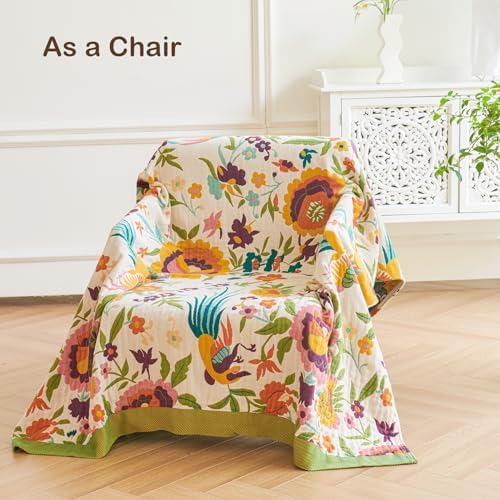 VANJOROY Boho Throw Blanket, 100% Organic Cotton Breathable Ultra Soft 91" x 108" King Bed Quilt Throw - All Season Floral Rustic Farmhouse Decor Luxury Blanket for Sofa Couch Chair and Gift - Image 7