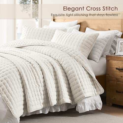 WDCOZY Twin Quit Size Bedding Sets with Pillow Sham, Ivory Lightweight Soft Bedspread Coverlet, Quilted Blanket Thin Comforter Bed Cover for All Season, 2 Pieces, 68x90 inches - Image 2
