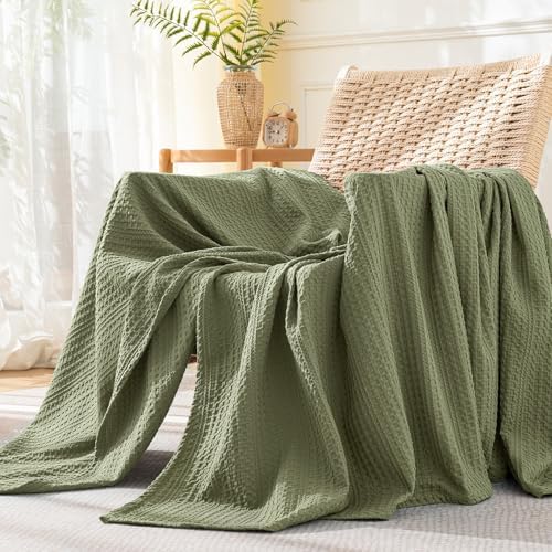 PHF Lightweight Waffle Weave Throw Blanket 50"x 60", Soft Woven Summer Blanket for Hot Sleepers - Aesthetic Home Decor for Couch Bed Sofa, Pet Friendly, Olive Green by PHF