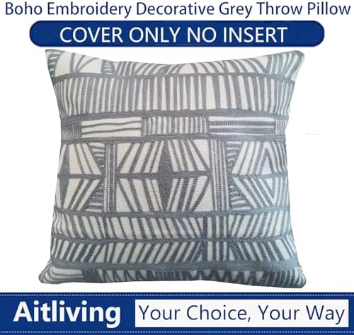 Decorative Throw Pillowcase Boho Tribal Pattern 1 pc Silver Grey and White Geometric Bolero 18x18 inch Accent Pillow Cushion Cover Modern Boho Embroidery Cotton Canvas - Image 7
