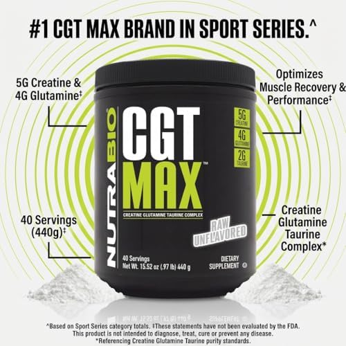 NutraBio CGT-MAX Powder- Creatine, Glutamine and Taurine to Support Muscle Recovery and Strength - 40 Servings - Unflavored - Image 3