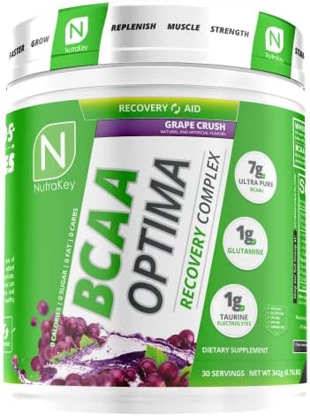 NutraKey BCAA Optima Post Workout Recovery Complex, No Sugar, No Carb, Recovery Aid, Grape | BCAA recovery complex with glutamine and taurine for post workout mixing and everyday training. by NUTRAKEY