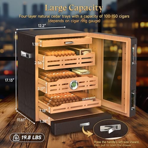 XIFEI Cigar Humidor Cabinet with 5 Acrylic Display Cases, Adjustable LED Lighting, Cedar Wood Shelves & Drawer, Digital Hygrometer, 3 Humidifiers, 100-150 Capacity Desktop Cigar Humidor for Gifts - Image 5