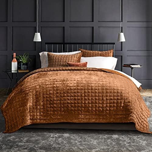 RECYCO Velvet Quilt Set, Oversized Cal King 118"x106", Rusty Burnt Orange by RECYCOHOMECOLLECTION