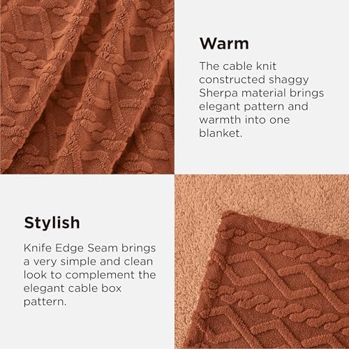 Bedsure Sherpa Fleece Blanket, Cable Jacquard Tufted, Warm, Orange, Queen - Image 4