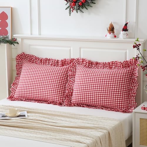 2 Pack Red/White Gingham Pillowcase 20x26 inches 100% Washed Cotton by Qilunn