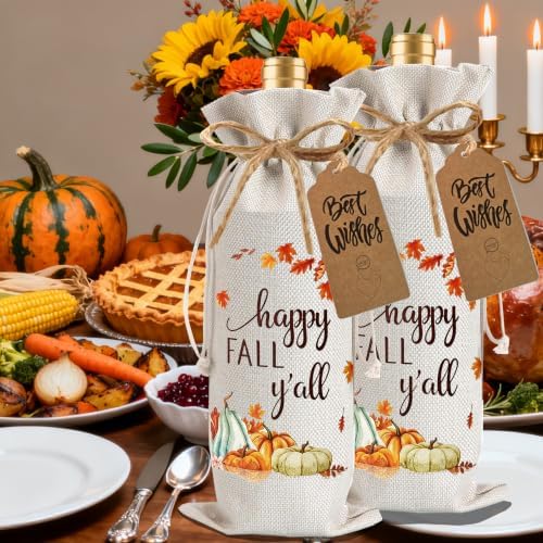 1Pcs Happy thanksgiving Wine Bag Happy Fall Y'all Wine Bag Thanksful Gifts Wine Bag, with 1Pcs Kraft Blessing Cards and natural jute rope - Image 4