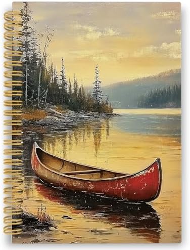 XPH Vintage Red Canoe Lake Landscape Spiral Notebook, Lake Gifts Journaling Notebooks for Women, Rustic Farmhouse Hardcover Journals for Writing 160 Pages 5.5 x 8.3 Inch, Nature Lover Gifts by XPH