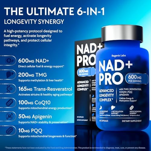 NAD Supplement 600mg for Men and Women with Resveratrol, CoQ10, PQQ, TMG and Apigenin - 6-in-1 Cellular Energy and Longevity Complex - Acid-Resistant Capsules, 60 Count - Image 2