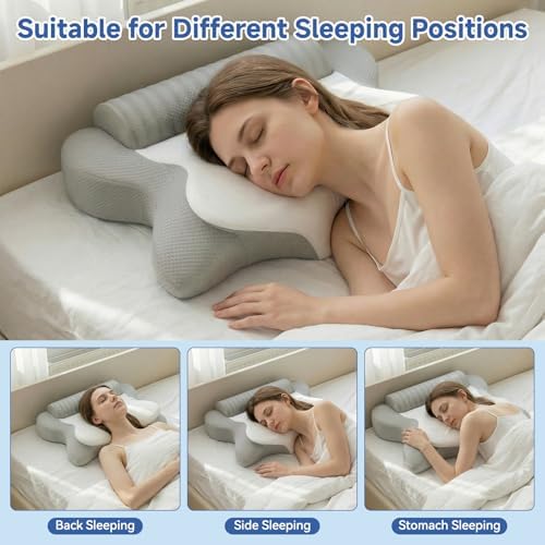 Cervical Neck Pillow for Pain Relief & Sleeping, Ergonomic Posture Pillow Neck Support, Cooling Memory Foam Pillow with Roll Pillow, Orthopedic Contour Pillow for Side Back Stomach Sleepers, Grey - Image 2