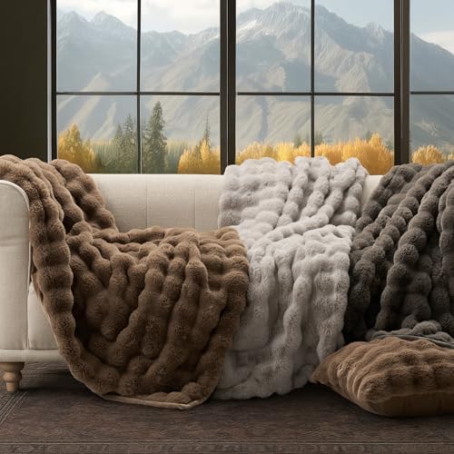 EverGrace Faux Rabbit Fur Bubble Throw Blanket, 90"x90", Dark Taupe - Image 7