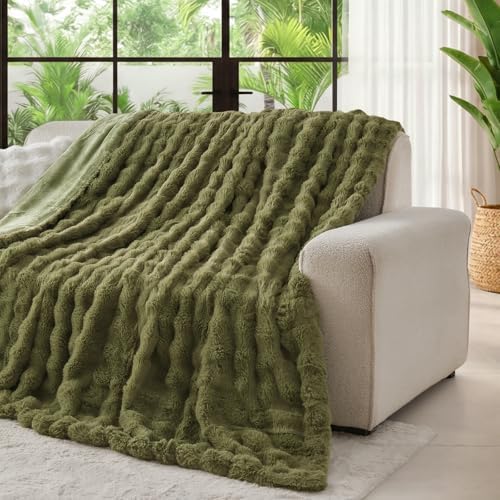 Lotus Karen Faux Fur Throw Blanket Dark Green - 800 GSM Bubble Rabbit Fluff Blanket for Couch Bed Sofa,Softest Fluffy Fuzzy Cozy Blanket,Thick Furry Plush Shaggy Warm Blankets for Women,60x80 Inches - Image 2