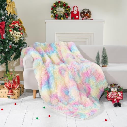 Cottonblue Faux Fur Weighted Blanket 15 lbs for Adult 48x72 Inches, Plush Shaggy Fluffy Throw Blanket Twin ​Size, Cozy Warm Furry Weighted Blanket for Couch Sofa Chair Home Decor, Rainbow - Image 6