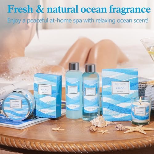 Bath and Body Gift Set for Women, Body & Earth Ocean Gift Basket, 7 Pcs Bath Sets for Women Gift with Bubble Bath, Body Lotion, Scented Candle, Spa Kit for Her, Christmas Gifts for Mom, Wife - Image 5