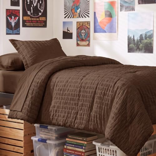 CozyLux Twin XL Comforter Set, 5 Pieces Brown Seersucker Bed in a Bag by CozyLux
