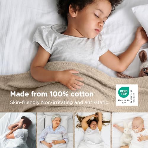 Bedsure 100% Cotton Blanket, Herringbone Weave, Queen Size, Khaki - Image 2