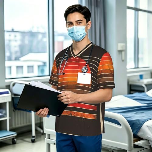 Men's Scrub Top,V-Neck Spill Wrinkle Resistant,3 Pockets-Retro Sunset Stripes (2) - Image 3