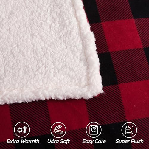 Elegant Comfort Ultra Soft Reversible Buffalo Plaid Flannel Sherpa Blanket - Cozy Silky Checkered Fleece Throw for Couch, Bed - Plush Fuzzy Warm Winter Blanket for Gift, Full, Burgundy - Image 6