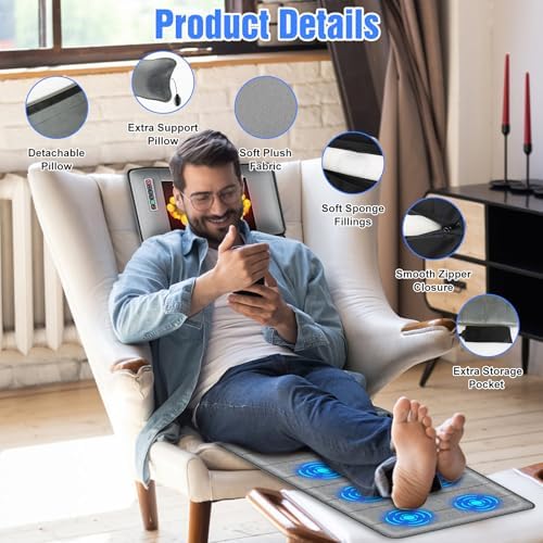 Full Body Massage Mat with Heat,Electric Massage Pad with Shiatsu Neck Back Massage Pillow,Massage Mattress Chair Pad W/ 10 Vibration Motors 3 Heating Levels for Neck,Back&Full Body Pain Relief - Image 4