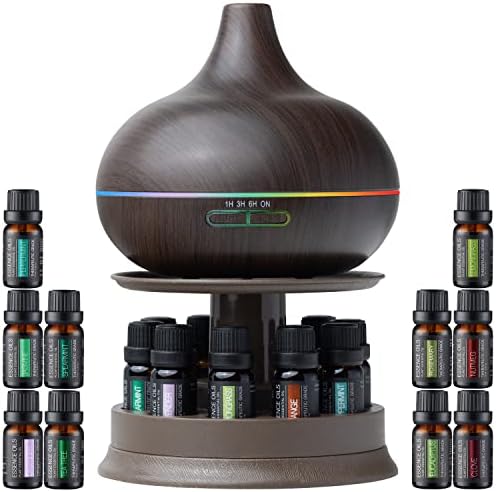 Pure Daily Care Ultimate Aromatherapy Diffuser with Essential Oil Set - 300ml Ultrasonic Diffuser, 4 Timer & 7 Ambient Light Settings - 10 Therapeutic Grade Essential Oils - Oak Wood with Stand by PureDailyCare