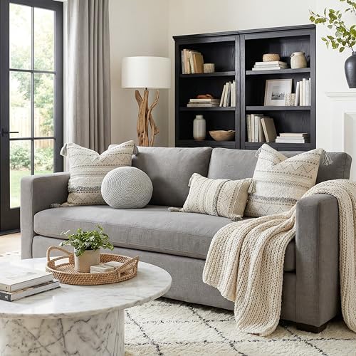 BlissBlush 12x20 Lumbar Pillow Cover, Cream Neutral Rectangular Decorative Cushion Cover with Gray Pattern, Boho Accent Pillowcase with Tassels for Couch Sofa Living Room (Cover Only) - Image 3