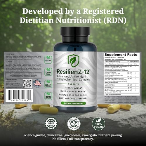 ResilienZ-12 Antioxidant Supplement, 12-in-1 Healthy Aging, CoQ10, Astaxanthin, Quercetin, Meriva Curcumin Turmeric, Sulforaphane, Green Tea Extract, Resveratrol, 90 Vegan Capsules, 30 Day Supply - Image 5