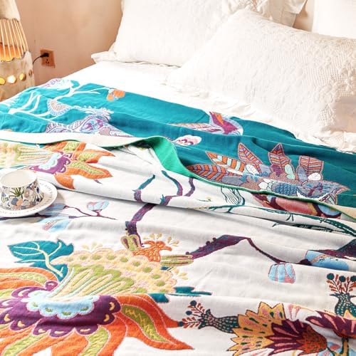 VANJOROY Boho Throw Blanket, 100% Organic Cotton Breathable Skin-Friendly Ultra Soft Bed Quilt Throw - All Season Floral Bird Farmhouse Décor Luxury Blanket for Sofa Couch Chair and Gift. 80" x 90" - Image 7