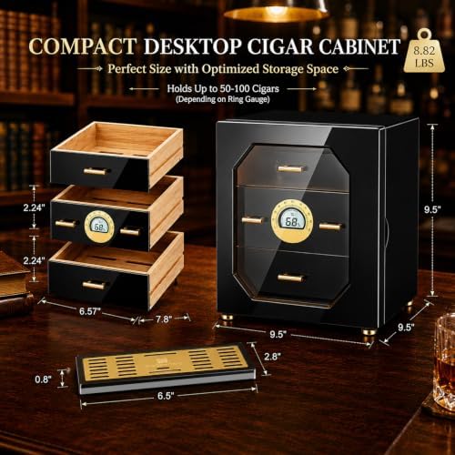 Woodronic Cigar Humidor Cabinet for 100 Counts with Digital Hygrometer, Crystal Gel Humidifiers, Spanish Cedar Lined Trays & Dividers, Polished Piano Black, Desktop Cigar Box Gift for Men - Image 2