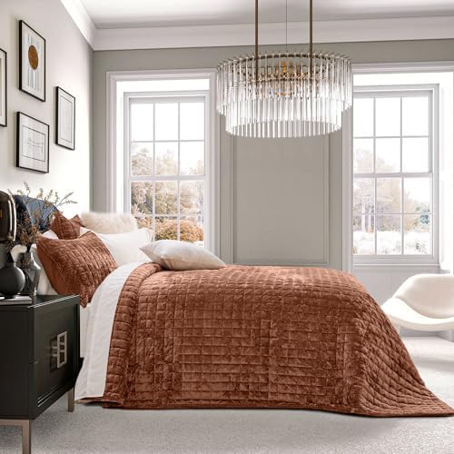RECYCO Channel Box Stitch Velvet Quilt Set, King Size, Terracotta - Image 2