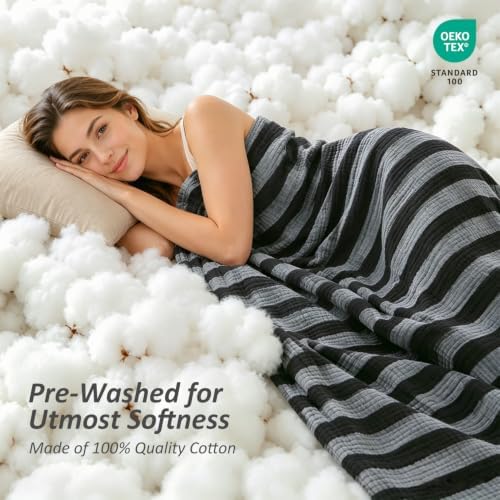 EMME Cotton Muslin Blanket Couch 4-Layer Breathable Gauze Soft Lightweight Bed Blankets Adults Black Twin (60" x 80") - Image 3