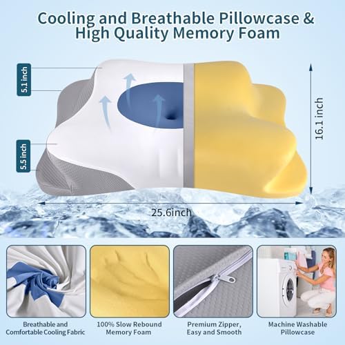 Cervical Neck Pillow for Pain Relief - Ergonomic Side Sleeper Pillow for Sleeping, Cooling Memory Foam Pillows for Neck Support, Orthopedic Pillow Contour Bed Pillow for Back Sleepers (Blue&White) - Image 3