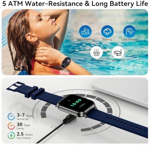 Jacoosa Smart Watch for Men/Women Android & iPhone, 1.83" HD Touch Screen, Bluetooth Calling, 5 ATM Waterproof Fitness Tracker with 130+ Sports Modes, 24/7 Health Monitor (Blue) - Image 7
