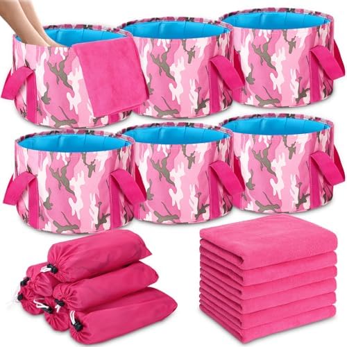 FillTouch 12 Pcs 15L Foldable Foot Soaking Tub Kit Portable Foot Bath Tub for Soaking Feet with Towel and Storage Bag Soak Spa Bucket for Travel Camping(Camouflage,Pink) by FillTouch