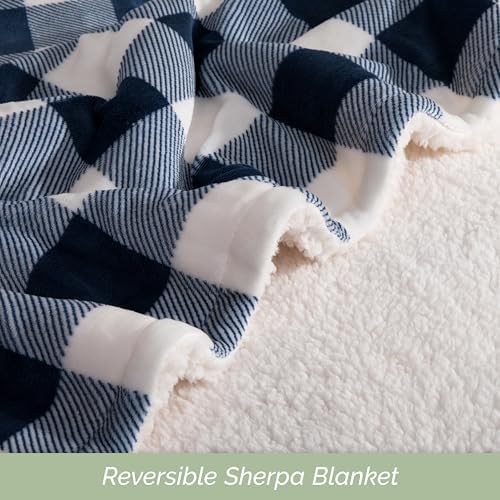 Elegant Comfort Ultra Soft Reversible Buffalo Plaid Flannel Sherpa Blanket - Cozy Silky Checkered Fleece Throw for Couch, Bed - Plush Fuzzy Warm Winter Blanket for Gift, King, Navy - Image 5