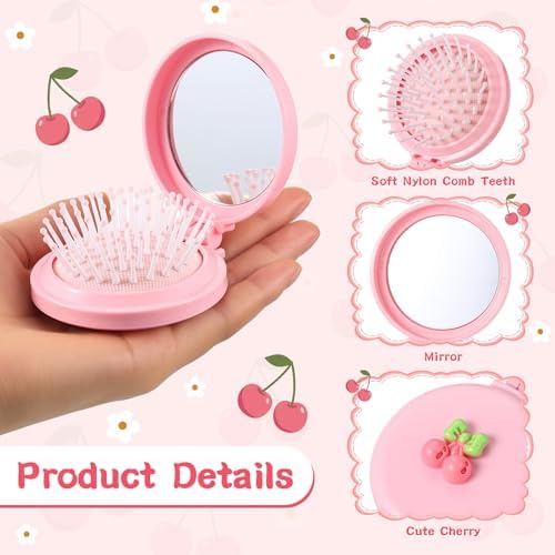 12 Pcs Pink Coquette Cherry Mini Hair Brushes Folding Mirror Coquette Detangler Brush Bulk Round Compact Massage Scalp Comb for Purse Women Travel Team Gifts Trendy Stuff Party Favors - Image 3