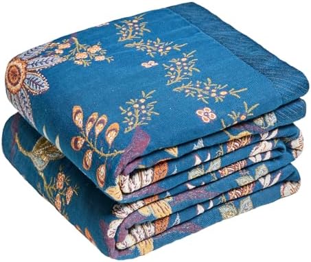 MSGKV Boho Throw Blanket 50"x60" Summer Cotton Blue Floral Throw for Couch by MSGKVHomeTextiles