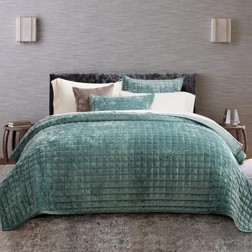 RECYCO Channel Box Stitch Velvet Quilt Set, Twin/Twin XL Size, Aqua Green by RECYCOHOMECOLLECTION